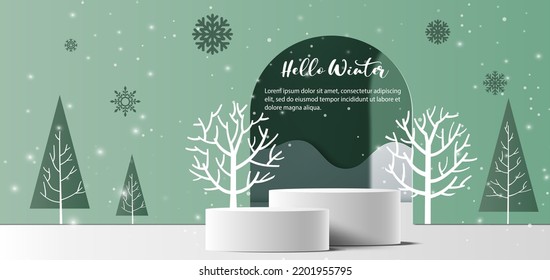 Winter sale product banner, 
podium platform with geometric shapes and snowflakes background, paper illustration, and 3d paper.