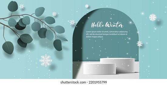 Winter sale product banner, 
podium platform with geometric shapes and snowflakes background, paper illustration, and 3d paper.