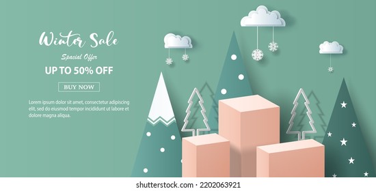 Winter sale product banner, 
podium platform with geometric shapes and snowflakes background, paper illustration, and 3d paper.