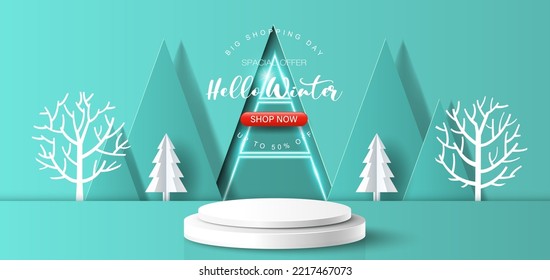 Winter sale product banner, podium platform with geometric shapes and snowflakes background, paper illustration, and 3d paper.