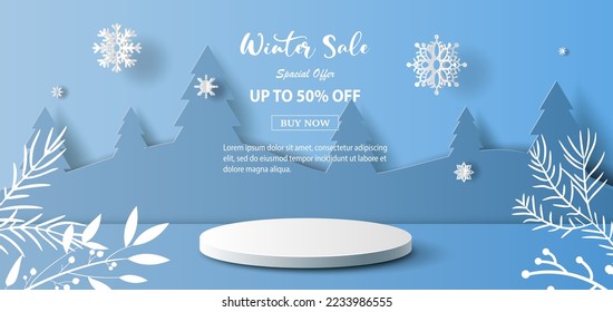 Winter sale product banner, 
podium platform with geometric shapes and snowflakes background, paper illustration, and 3d paper.