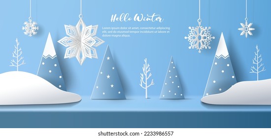 Winter sale product banner, 
podium platform with geometric shapes and snowflakes background, paper illustration, and 3d paper.