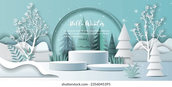 Pancarta de productos de venta de invierno, 
plataforma de podio con formas geométricas y fondo de copos de nieve, ilustración de papel y papel 3d.