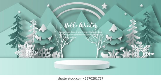 Winter sale product banner, 
podium platform with geometric shapes and snowflakes background, paper illustration, and 3d paper.