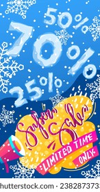 Winter sale product banner, podium platform with geometric shapes and snowflakes background, paper illustration, and 3d paper.