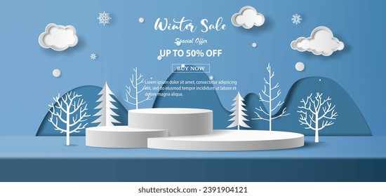 Winter sale product banner, 
podium platform with geometric shapes and snowflake, paper illustration, and 3d paper.