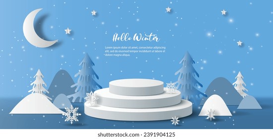 Winter sale product banner, 
podium platform with geometric shapes and snowflake, paper illustration, and 3d paper.