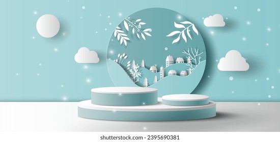 Pancarta de productos de venta de invierno, 
plataforma de podio con formas geométricas y fondo de copos de nieve, ilustración de papel y papel 3d.