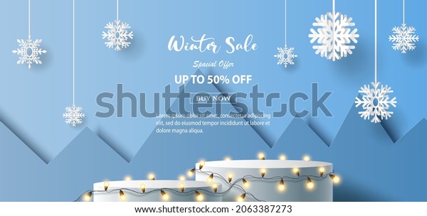 Winter sale\
product banner, \
podium platform with geometric shapes and\
snowflake, paper illustration, and 3d\
paper.