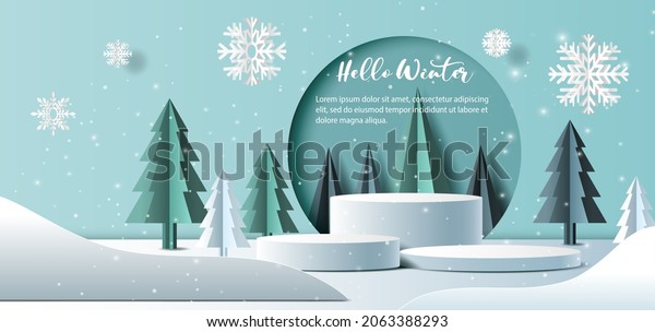Winter sale product banner, \
podium platform with\
geometric shapes and snowflakes background, paper illustration, and\
3d paper.