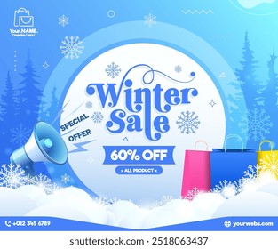 Winterverkaufsbanner, Snowflake-Illustration mit Einkaufstasche und Megaphon. 