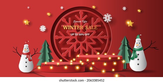 Winter sale product banner, two snowmen with snowflakes and stars, paper illustration, and 3d paper.