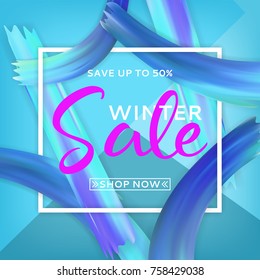Winter Sale Promo Banner. Color Background with Blue Brush Strokes Drawn Acrylic Paint. Vector Illustration with Seasonal Offer.