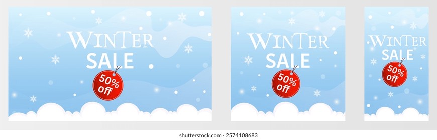 Winter sale promo banner, post, stories template set. Discount end of season banners collection.