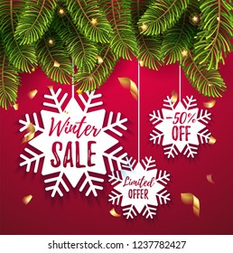 Winter sale promo poster ads. Flat paper snowflake tag with realistic fir tree branch in red classic christmas background. Web banner for e-commerce, on-line shop, fashion & beauty shop, store. Vector