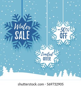 Winter sale promo poster ads. Flat paper snowflake tag with long shadow and winter forest on the blue background. Web banner for e-commerce, on-line shop, fashion & beauty shop, store. Vector