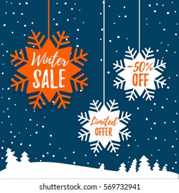 Winter sale promo poster ads. Flat red paper snowflake tag with long shadow and winter forest on the cyan background. Web banner for e-commerce, on-line shop, fashion & beauty shop, store. Vector