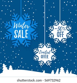 Winter sale promo poster ads. Flat paper snowflake tag with long shadow and winter forest on the cyan background. Web banner for e-commerce, on-line shop, fashion & beauty shop, store. Vector