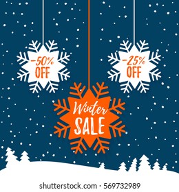 Winter sale promo poster ads. Flat red paper snowflake tag with long shadow and winter forest on the cyan background. Web banner for e-commerce, on-line shop, fashion & beauty shop, store. Vector