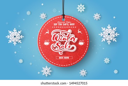 Winter sale promotion banner with discount offer on special occasion, give voucher, banner, poster or background, paper art and craft style, flat-style vector illustration.