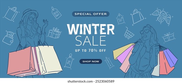 Winter sale promotion banner or flyer design with retro or pop art style illustration. Special offers Winter Sale, Sale up to 70 % off. Vector.