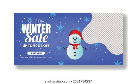 Winter sale promotion horizontal banner and Christmas banner with 3d snowman background