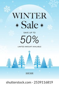 Winter sale promotion poster vector illustration. Pine trees on snowflakes background	