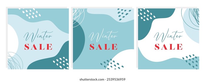 Winter sale promotional banners featuring abstract designs in soft blue and white tones, perfect for holiday marketing campaigns