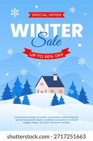 Plantilla promocional del cartel de la venta del invierno con el paisaje nevado, los copos de nieve, la casa, y las ilustraciones de los árboles de pino, oferta especial hasta el 50% de descuento en el diseño del Anuncio