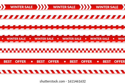 Winter sale ribbons, abstract christmas sale banner set on white. Vector caution tape about shopping, best offer holiday banner. Graphic illustration in cartoon 3d style.