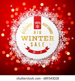 Winter sale round label over red background with snowflakes and bokeh lights