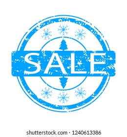 Winter sale rubber stamp with snowflake and tree. Vector inprint sale, christmas holiday winter illustration