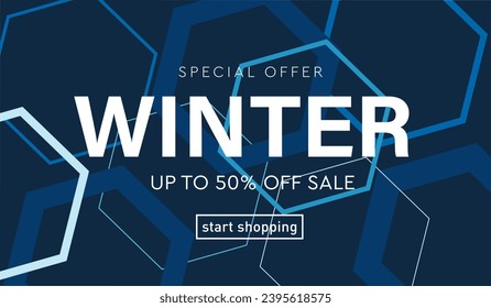 Winter Sale of Science Lessons, Technolog Element. Special Offer 50% Discount for Sports, Game. Background Modern Geometric Hexagonal Dna for Advertising, Web, Social Media, Poster, Banner, Cover. 