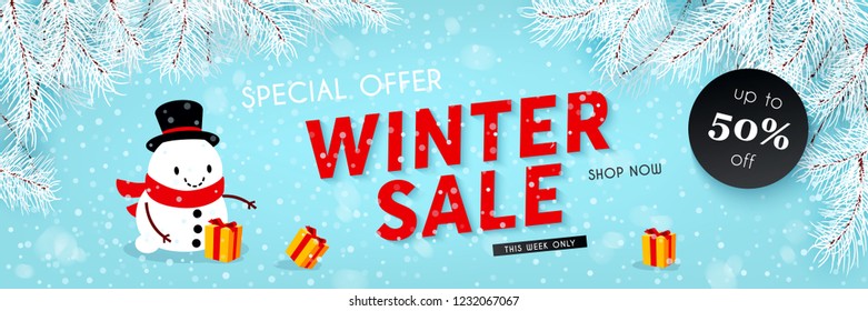 Winter sale, seasonal horizontal banner with snowman, snowfall and snow-covered spruce branches, text. Template for advertising design of discounts and retail, vector illustration