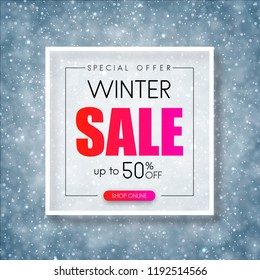 Winter sale. Seasonal promotion poster with snow pattern. Special offer, shop online. Vector background. 