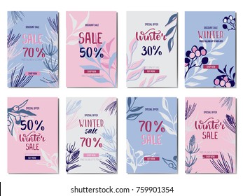 Winter sale. Set of 8 banners on the winter sale and discount. Decorative branches, berries, cones and spruce needles. Pastel and tender colors of blue, pink. For beauty, clothing, children's stores