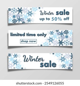 winter sale, set of templates discount banner design on the background many different snowflakes. modern vector illustration flyer, poster to promote purchases in the winter season en white and blue