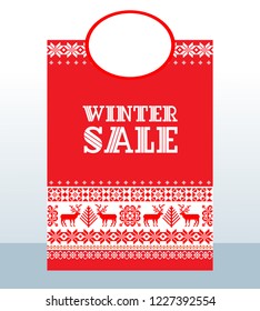 Winter sale shopping bag. Traditional Christmas knitted ornamental pattern. Deers and snowflakes in red and white