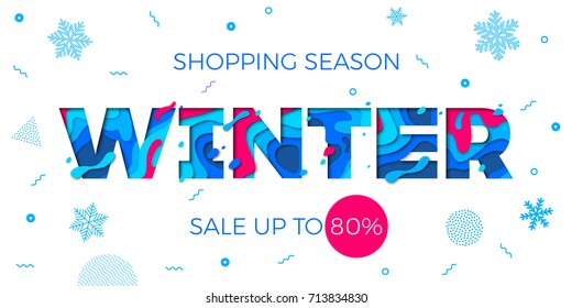 Winter sale shopping discount promo banner for seasonal holiday special offer design template. Vector blue text font for Christmas or New Year store or shop sale vector snowflake pattern background