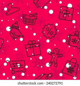 Winter sale and shopping vector seamless pattern contains thin line styled icons