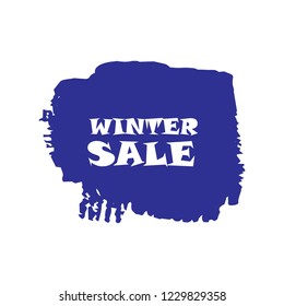 Winter sale sign over art blue brush acrylic stroke paint abstract texture background vector illustration. Acrylic paint brush stroke. Grunge ink brush stroke. Sale layout design for shop and banner.