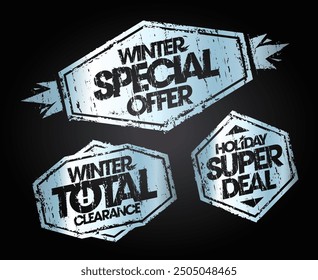 Winter sale silver rubber stamps vector collection - winter special offer, winter total clearance and holiday super deal