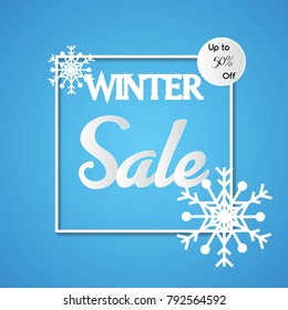 Winter sale with snow flake. vector banner or poster. vector lettering calligraphy.
