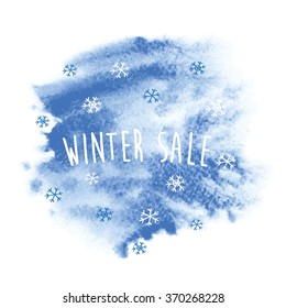 Winter sale. Snowflakes on the blue watercolor background. Sketch, design elements. Vector illustration.