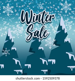 Winter sale with snowflakes and pine trees design, Store shop market commerce retail buy and paying theme Vector illustration