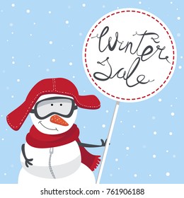 Winter sale. Snowman with circle sign, blue background and snowflakes, with hand drawn text, for promotion. Vector illustration.
