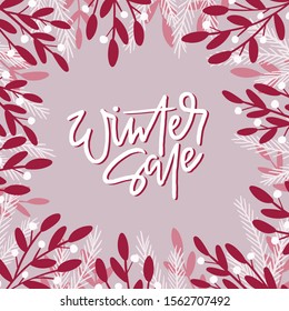 Winter sale social media banner vector template. Seasonal shopping event, wintertime clearance wholesale advertising poster concept. Tree twigs and branches hand drawn illustration