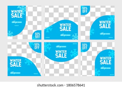 Winter sale social media post with discount text and snow elements in blue snowflakes background for shopping promotion. Vector illustration.