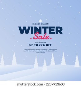 Winter sale social media post and web ads. With snowfall and Christmas trees banner.