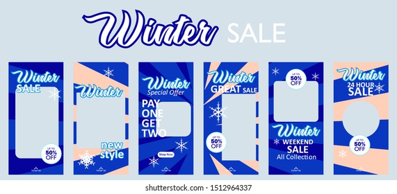 Winter sale social media stories template collection. Winter sale story layout for mobile app, status and digital web banner. Promotion and publication poster for online shop.  Product frame vector
